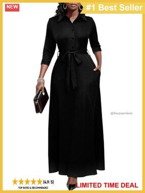 Womens Maxi Dress 3/4 Sleeve Button Down Church Dress Pockets